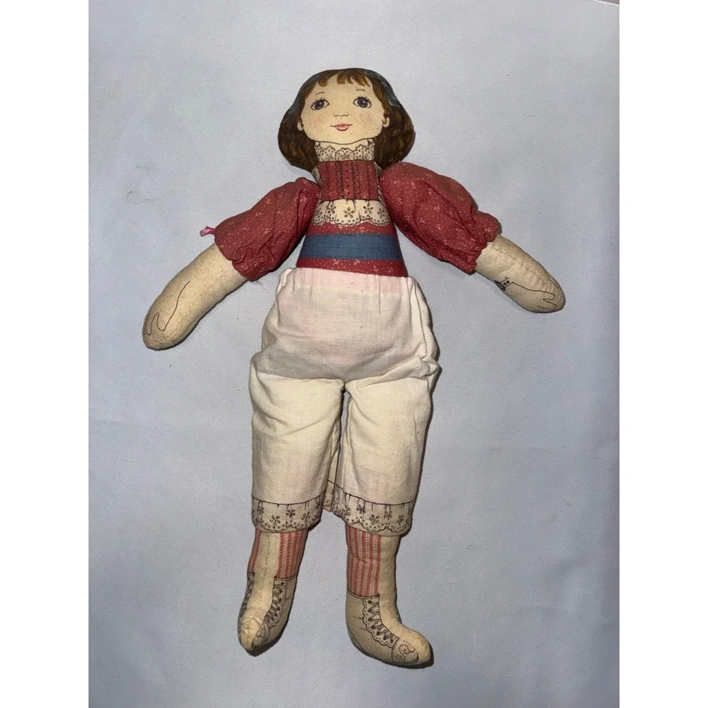 Vintage Handmade Cloth Rag Doll Screen Printed Face Red White‎ 14 Inch Folk Art